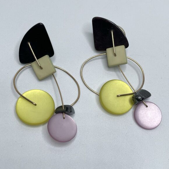 Retro Geometric Gold Tone Acrylic Stone Dangle Earrings Statement Fun Funky - Picture 1 of 6